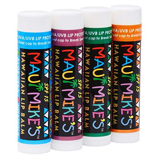 Maui Mike's Lip Balm SPF-15 Assorted (4 Pack) Passion Fruit, Orange,Mint and Pina Colada
