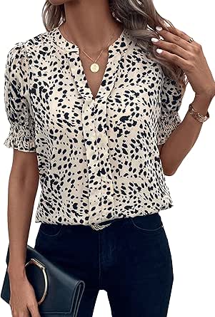 Milumia Women's Dalmatian Print Puff Short Sleeve Blouse Notched V Neck Shirt Work Tops