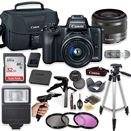 Canon EOS M50 Mirrorless Digital Camera (Black) with 15-45mm STM Lens   Deluxe Accessory Bundle Including Sandisk 32GB Card, Canon Case, Flash, Grip Multi Angle Tripod, 50" Tripod, Filters and More.