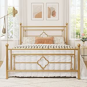 Allewie Queen Size Metal Platform Bed Frame with Victorian Vintage Headboard and Footboard/Mattress Foundation/Under Bed Storage/No Box Spring Needed/Noise-Free/Easy Assembly, Gold