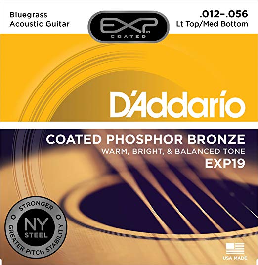 D’Addario EXP19 Coated Phosphor Bronze Acoustic Guitar Strings, Light, 12-56 – Offers a Warm, Bright and Well-Balanced Acoustic Tone and 4x Longer Life - With NY Steel for Strength and Pitch Stability