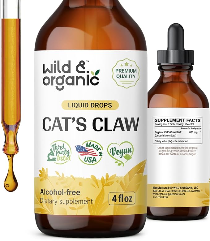 Cats Claw Tincture - Organic Cats Claw Herbal Supplement - Uncaria Tomentosa Bark Liquid Extract - Cat’s Claw Herb Drops - Vegan, Alcohol Free - 4 fl oz