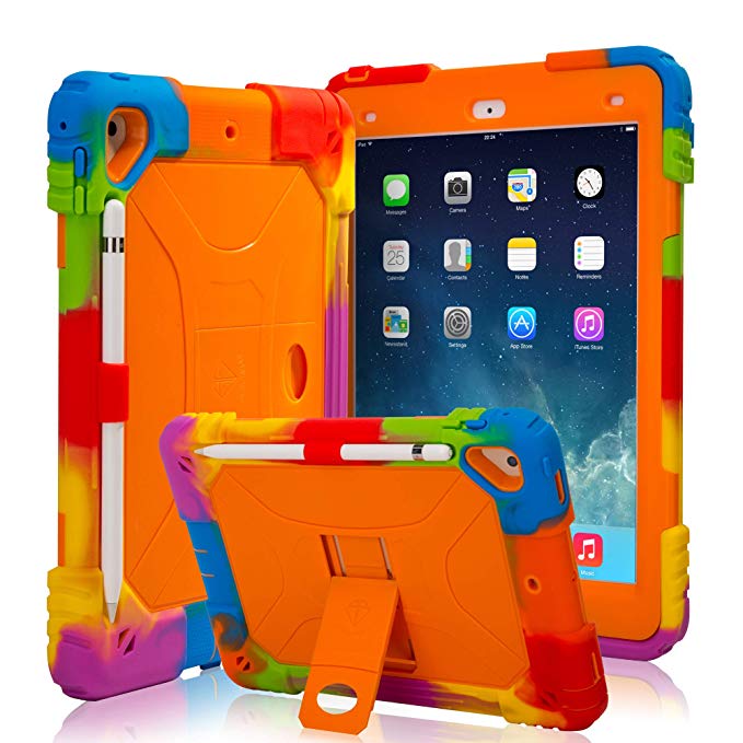iPad 6th Generation Case iPad 9.7 Case 2018 5th Cases Protective iPad Air 2 Cover Heavy Shockproof Full Body Protective Case with Stand & Pencil Holder for Kids (Rainbow/Orange)