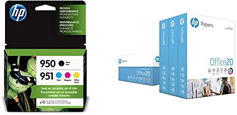 HP 950/951 Black, Cyan, Magenta & Yellow Ink Cartridges, 4 Cartridges & Printer Paper, Office20 Paper, 8.5 x 11 Paper, Letter Size, 92 Bright - 3 Ream / 1,500 Sheets