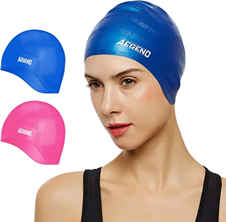 Aegend Unisex Swim Caps Cover Ears (2 Pack) , Durable & Flexible Silicone Swimming Caps for Long Hair & Short Hair，Easy to Put On and Off, 6 Colors