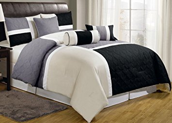 Chezmoi Collection 7-Piece Tan Quilted Patchwork Comforter Set, Queen, Black Gray