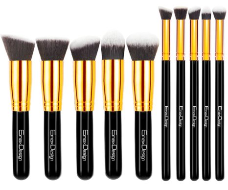 EmaxDesign 10 Pieces Makeup Brush Set Professional Premium Synthetic Kabuki Foundation Blending Blush Eyebrow Face Liquid Powder Cream Cosmetics Brushes Kit With Bag Golden Black
