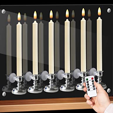 GenSwin Window Flameless Taper Candles with Remote & Timer, Battery Operated LED Candle Flickering Warm 3D Wick Light with Suction Cups, Set of 6 Real Wax Christmas Home Wedding Decor(Silver Holders)