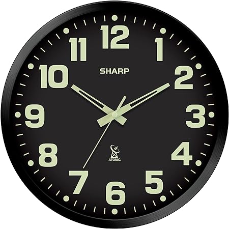 SHARP Glow in The Dark Atomic Analog Wall Clock - 12" Clock with Black Frame - Sets Automatically - Battery Operated - Easy to Read - Easy to Use – See Day or Night!