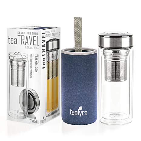 Tealyra - teaTRAVEL 500ml - Glass Double Walled Thermo Flake - Travel Mug with Removable Stainless Steel Infuser Basket - Borosilicate Glass Tea and Coffee Thumbler Termos