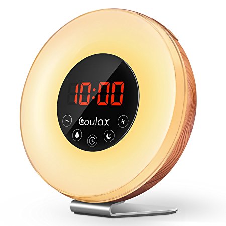 COULAX 2018 Upgraded Wood Wake Up Light with Sunrise Sunset Simulation,7 Colored LED Lights, 6 Natural Sounds, FM Radios,10 Brightness Levels,Snooze Function Alarm Clock with Adapter