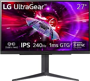 LG Ultragear 27 Inch QHD(2560x1440) IPS Gaming Monitor with 240Hz Refresh Rate, 1ms (GtG), DCI-P3 95% (Typ.), VESA DisplayHDR™400, AMD FreeSync™ Premium, NVIDIA® G-SYNC® Compatible, Black