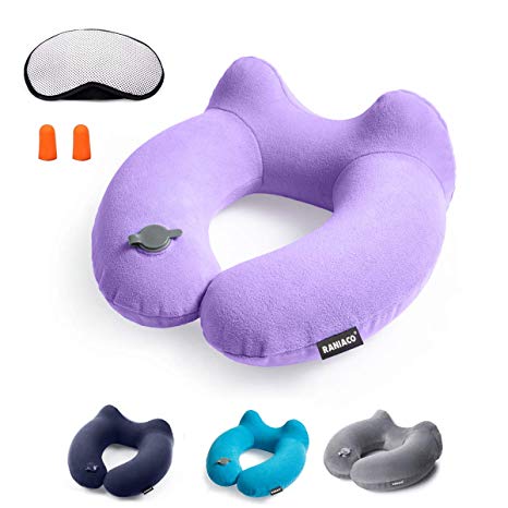 RANIACO Travel Pillow, Inflatable Neck Pillow with Storage Pouch Eye Mask and Ear Plugs, Sleeping Portable Lumbar Head Support Cushion for Airplane Train Travelling Office Camping Car