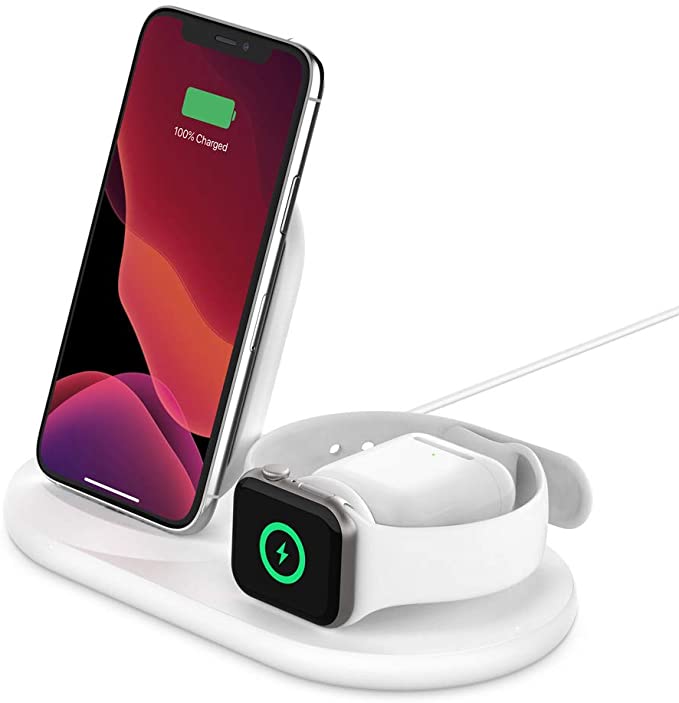 Belkin 3-in-1 Wireless Charger (Wireless Charging Station for iPhone, Apple Watch, AirPods) Wireless Charging Dock, iPhone Charging Dock, Apple Watch Charging Stand, White (WIZ001ttWH)