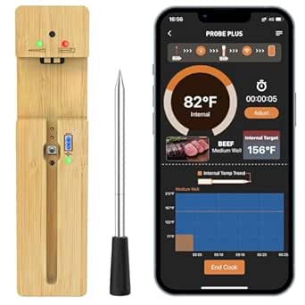 Smart Meat Thermometer Wireless, 300ft Wireless Range Bluetooth Meat Thermometer Digital, Food Thermometer with Ultra-Thin Probe Lasts 16 Hour for Monitoring of BBQ Oven Smoker Stove Rotisserie