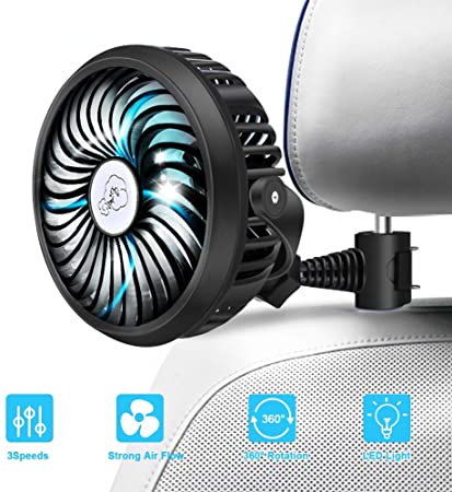 Car Cooling Fan, Car Fan USB 2200mAh Battery Powered Mini Fan Clip on with Quiet 3 Speed 360° Rotatable Function for Car Seat Passenger, Dog, Baby, Bike in Summer