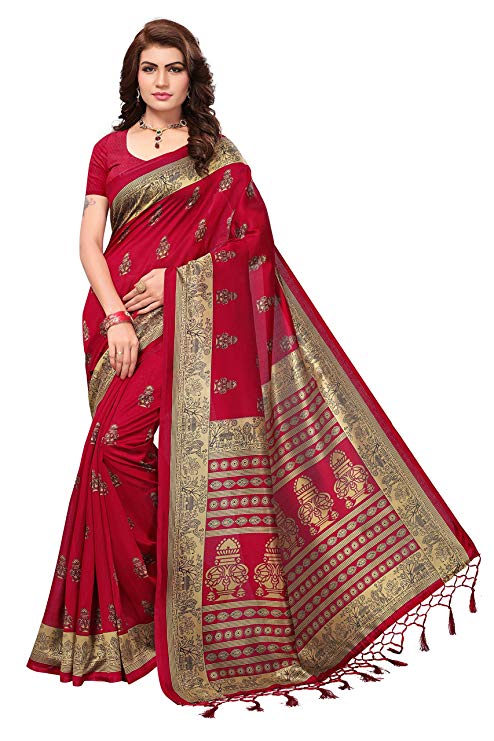 Oomph! Art Silk Saree with Blouse Piece (kstassle11_Maroon Red_Free Size)