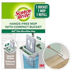 Scotch-Brite Hands-Free Microfiber Flat mop with compact bucket, Splash proof design & Double scraper for easy squeeze (1 Bucket, 1 Mop, 1 refill)