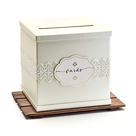 Hayley Cherie - Ivory Gift Card Box with White Lace and Cards Label - Ivory Textured Finish - Large Size 10" x 10" - Perfect for Weddings, Baby Showers, Birthdays, Graduation