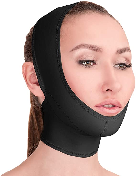 Post Surgical Chin Strap Bandage for Women - Neck and Chin Compression Garment Wrap - Face Slimmer, Jowl Tightening, Chin Lifting Medical Anti Aging Mask (Black, L)