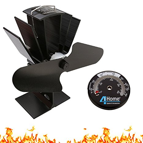 4YourHome Eco Friendly Silent Heat Powered Stove Fan For Wood Log Burners   Free Stove Thermometer Satin Black