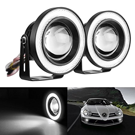 Mictuning 2pcs High Power 3.5" Projector Universal LED Fog Light w/ White COB Halo Angel Eye Rings