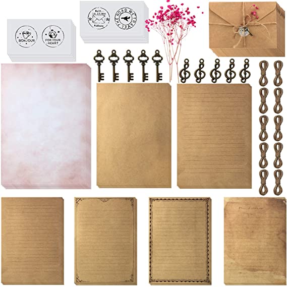 79 Vintage Stationary Paper and Envelopes Set Includes 30 Sheets Antique Letter Papers with 3 Sizes, 12 Kraft Envelopes, 12 Retro Keys, 12 Hemp Rope and 12 Stickers for Christmas Handmade Letter