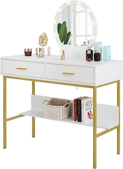 WOLTU Dressing Table with Mirror, Make-Up Table with 8 LED Bulbs and 2 Drawers, Modern Vanity Table, 100x40x125 cm, Bedroom Furniture Home Office Desk, White   Golden, MB6091ws