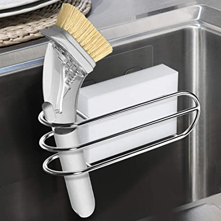 Orimade 2-in-1 Adhesive Sink Caddy Sponge & Brush Holder Scrub Brush Storage Kitchen Sink Organizer Stainless Steel