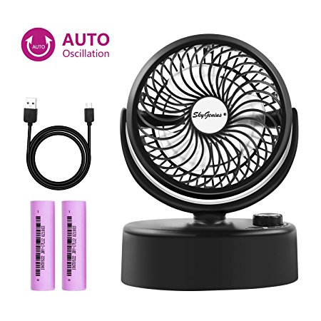 SkyGenius Battery Operated Mini Oscillating Table Fan, Portable Small Desk Swiveling Fan Rechargeable W/USB & 2PCS 18650 Batteries