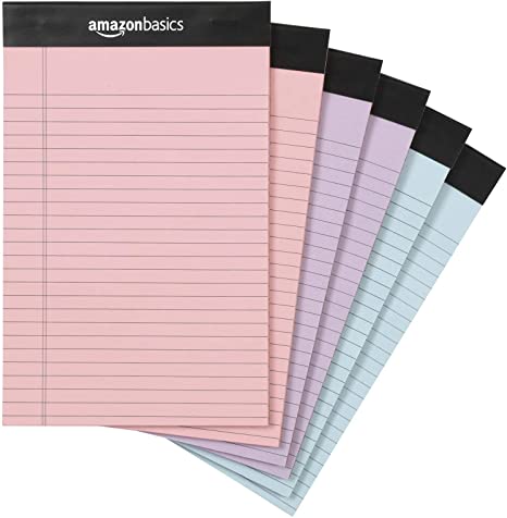 AmazonBasics Writing Pads, 5" x 8", Narrow Ruled, Pink, Orchid & Blue Paper, 6-Pack