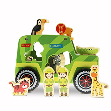 Wooden Toys Safari Shape Sorter - Safari Truck Toys Series Educational Toys for Toddler Learning with Animal Shaped Wooden Blocks