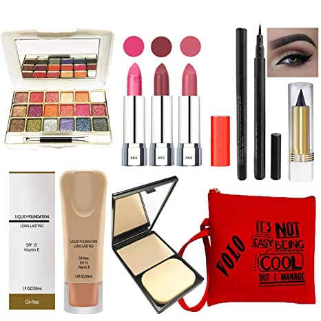 volo Stylish Beauty combo makeup set (3 Pcs Lipsticks,1 Eye Shadow, 1 Foundation,1 Eyeliner, 1 Compact, 1 Kajal, 1 Pouch) Set of 9 Pcs C12