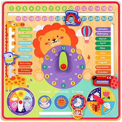 Toyssa 7 in 1 Kids Calendar Learning Clock My First Calendar Wooden Toys Educational Clock Montessori Toys for Toddlers Kids Boys Girl Christmas Birthday Gifts