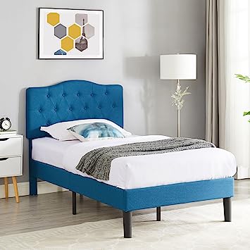 VECELO Upholstered Platform Bed, Mattress Foundation/Stitched Cloth Linen (RoyalBlue, Twin)