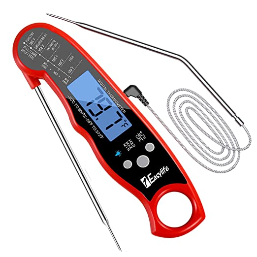 Meat Thermometer Oven Safe Leave in Instant Read Food Thermometer, 1Easylife Dual Probe Digital Meat Thermometer with Alarm Function and Backlight for Outdoor Cooking, BBQ, Smoker and Grill