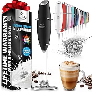 Zulay Kitchen Tornado Whisk Milk Frother Handheld - Coffee Frother Wand With Stand - Triple Whisk Hand Held Drink Mixer - Electric Stirrer Frothing Wand for Latte, Matcha, Protein Powder - (Black)