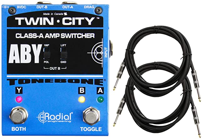 Radial Bones Twin City Active ABY Amp Switcher Pedal with 2 Senor - 18.6ft Instrument Cable