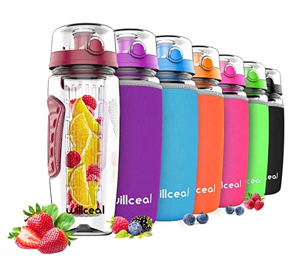 Willceal Fruit Infuser Water Bottle 32oz Durable, Large - BPA Free Tritan, Flip Lid, Leak Proof Design - Sports, Camping