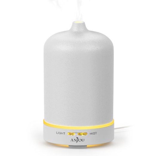 Anjou 100ml Ceramic Aromatherapy Essential Oil Diffuser Therapeutic 7-Color LED with Continuous & Interval Mist Modes for Home, Room, SPA, Yoga (9H Working Time, Auto Shut-Off Function, White)