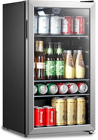 Midea MERV115T3AST 115 Cans Beverage Refrigerator with Adjustable Temperature, Removable Glass Shelf, LED Light, Silver