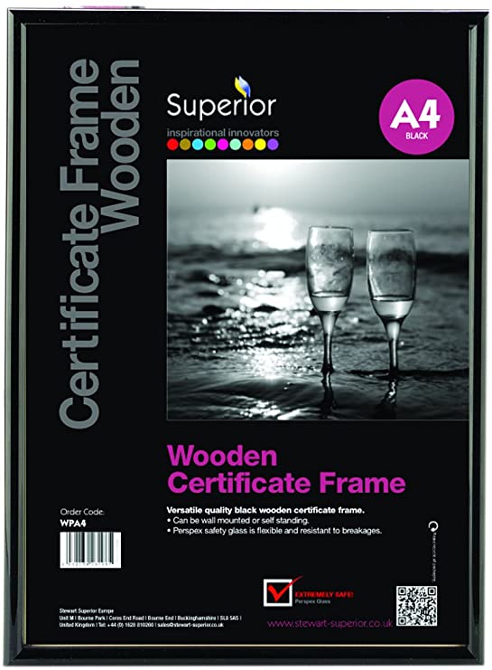 Stewart Superior A4 Wooden Certificate Frame with Perspex Safety Glass - Black