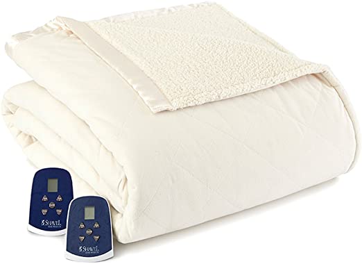 Shavel Home Products Micro Flannel Reverse to Sherpa Electric Heated Blanket, Ivory, Queen