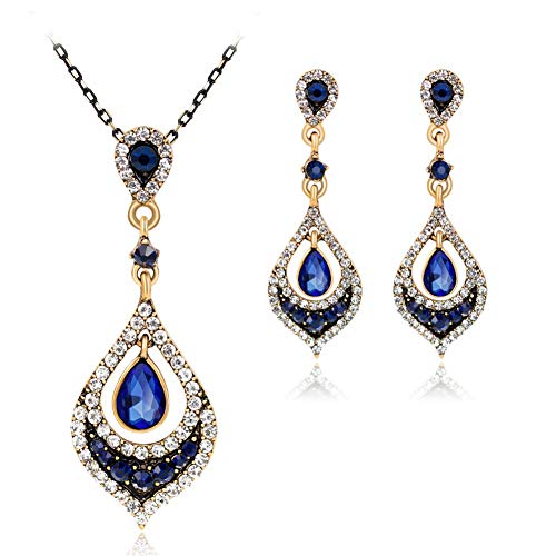 Sanwood Upmarket Simple Women Glass Waterdrop Necklace Drop Earrings Party Jewelry Set (Blue)
