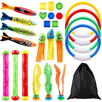 D-FantiX Diving Toys 25Pcs Swimming Pool Dive Toys Underwater Sinking Toys-4 Diving Ring, 3 Dive Stick,4 Toypedo Bandit,8 Jewel Gem,3 Stringy Octopus and 3 Faced Octopus Summer Fun for Kids 3-10