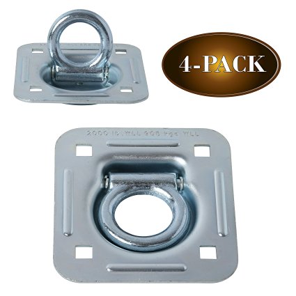 DC Cargo Mall 4-Pack Large Square Galvanized Steel D Ring Cargo Tie-Down Anchor, Floor Surface Mount Recessed Pan Fitting, Square Holes for Carriage Bolts, Trailer or Pickup Truck Bed, WLL 2000 lbs.
