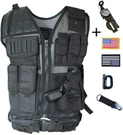 Black Tactical Combat Vest with Holster Mesh Breathable Material Adjustable Waist for Airsoft Paintball Training Adults Men S to XL