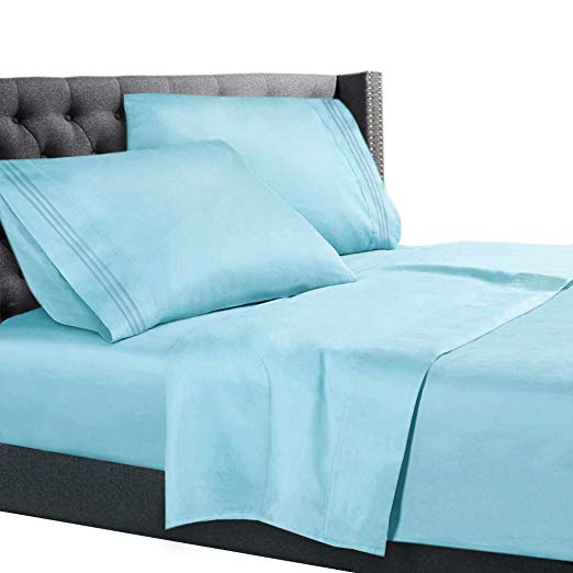 Full XL Size Bed Sheets Set Light Baby Blue, Bedding Sheets Set on Amazon, 4-Piece Bed Set, Deep Pockets Fitted Sheet, 100% Luxury Soft Microfiber, Hypoallergenic, Cool & Breathable