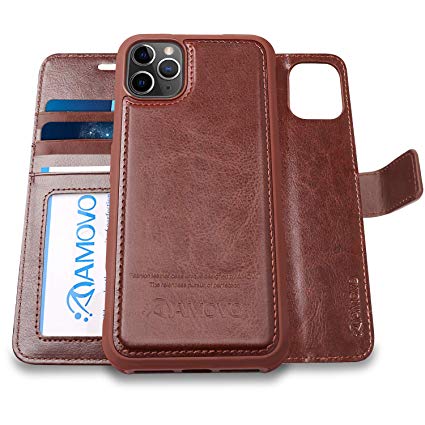 AMOVO iPhone 11 Pro Max Wallet Case [2 in 1 Detachable] Vegan Leather Case for iPhone 11 Pro Max (6.5’’) [Wristlet] [Kickstand] iPhone 11 Pro Max Folio with Gift Box Package (11ProMax (6.5'') Brown)