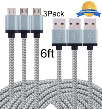 Mribo Micro USB Cable 2.0 Nylon Braided 6ft Extra Long USB Charging Cable for Android, Samsung Galaxy, HTC, Nokia, Huawei, Sony and Other Tablet Smartphone (Gray)